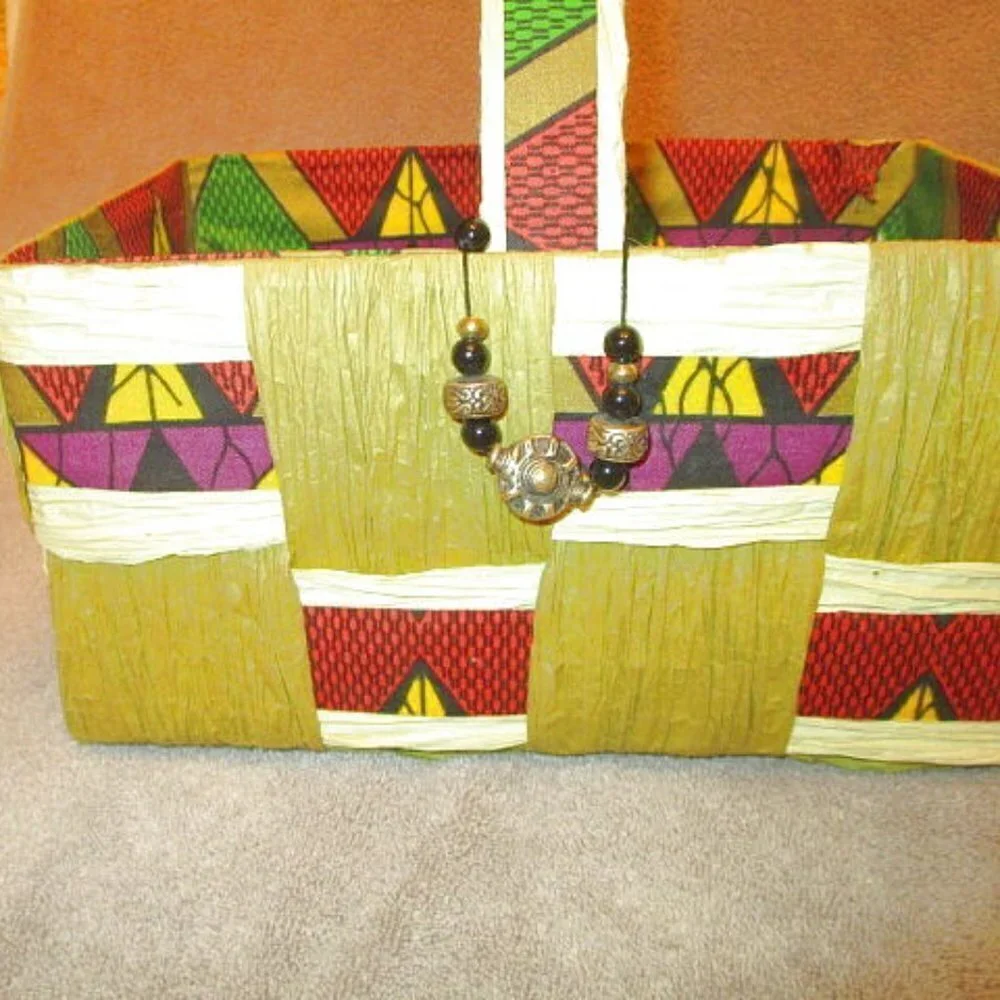 Vtg Time Crafters Basket Raffia Patchwork Beads Hand Woven Lined Colorful Boho